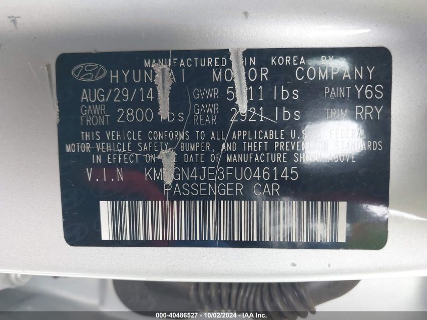 KMHGN4JE3FU046145 2015 Hyundai Genesis 3.8