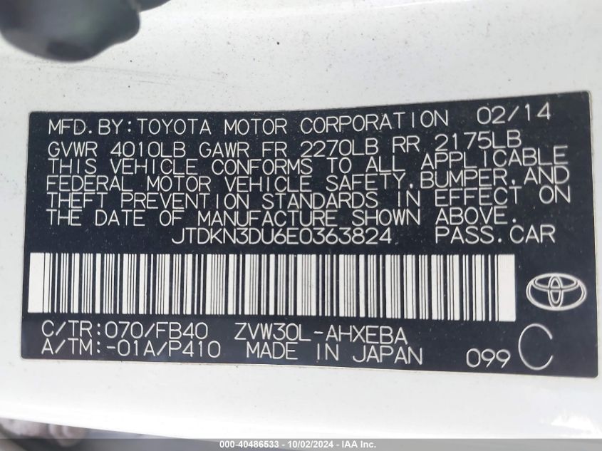 2014 Toyota Prius Two VIN: JTDKN3DU6E0363824 Lot: 40486533