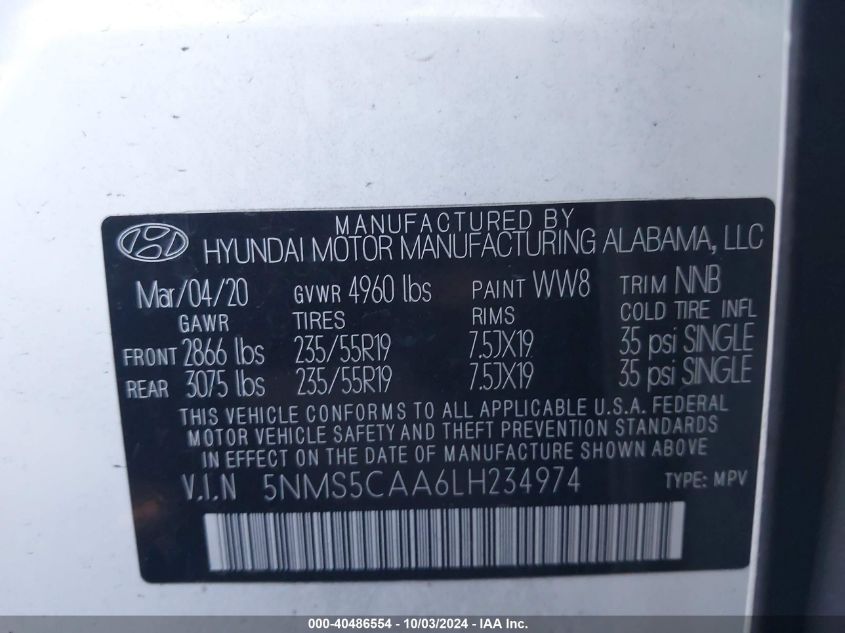 5NMS5CAA6LH234974 2020 Hyundai Santa Fe Limited 2.0T