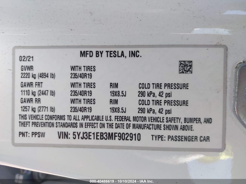 2021 Tesla Model 3 Long Range Dual Motor All-Wheel Drive VIN: 5YJ3E1EB3MF902910 Lot: 40486619