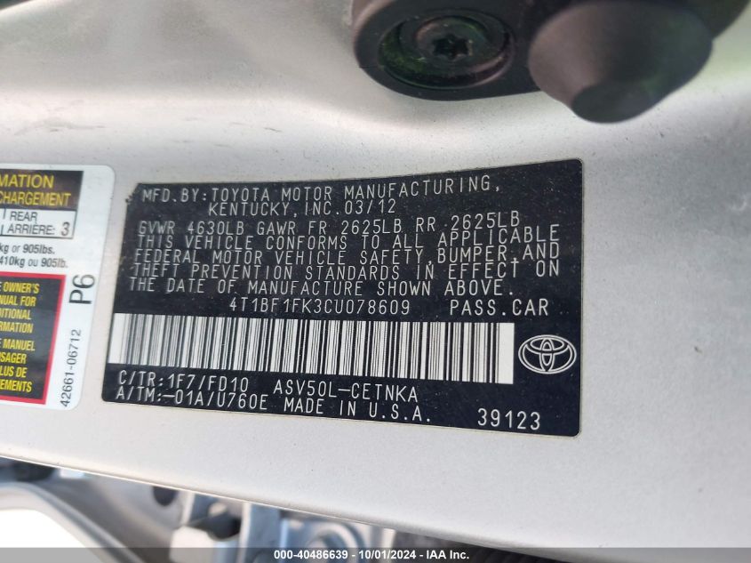 4T1BF1FK3CU078609 2012 Toyota Camry Le