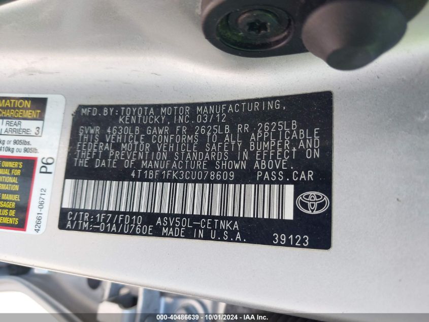 2012 Toyota Camry Le VIN: 4T1BF1FK3CU078609 Lot: 40486639