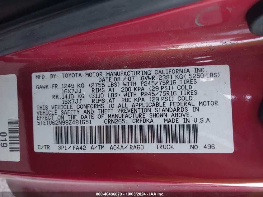 5TETU62N98Z481651 2008 Toyota Tacoma Prerunner V6