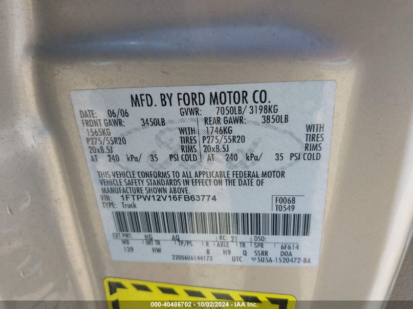 1FTPW12V16FB63774 2006 Ford F-150 Lariat/Xlt