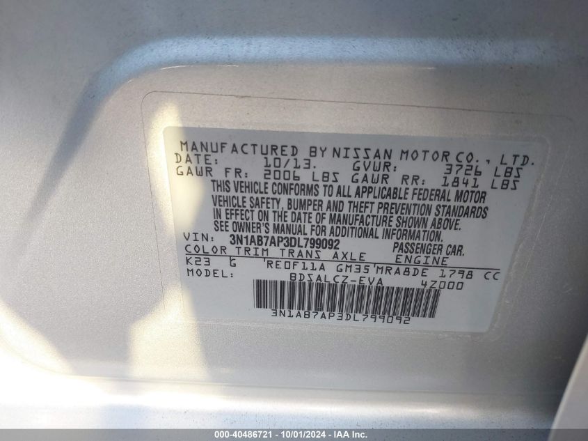 3N1AB7AP3DL799092 2013 Nissan Sentra S/Sv/Sr/Sl