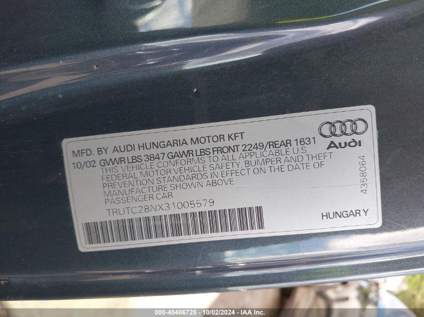 TRUTC28NX31005579 2003 Audi Tt 1.8L