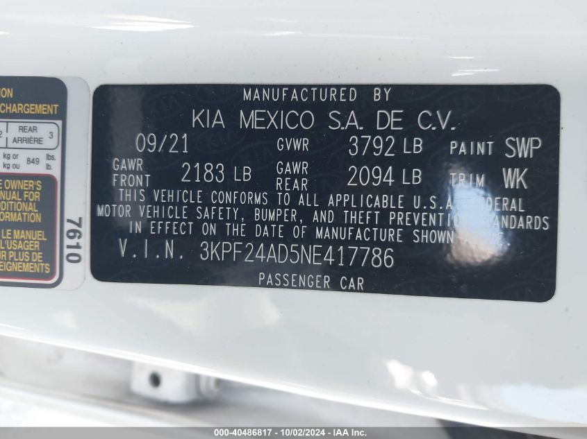 2022 Kia Forte Lxs VIN: 3KPF24AD5NE417786 Lot: 40486817