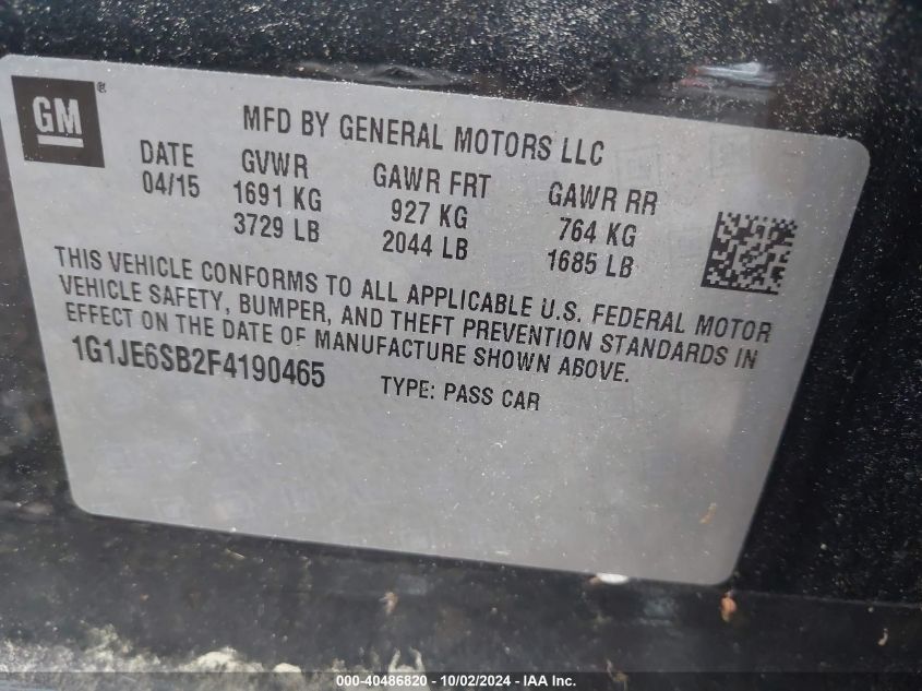 1G1JE6SB2F4190465 2015 Chevrolet Sonic Ltz Auto