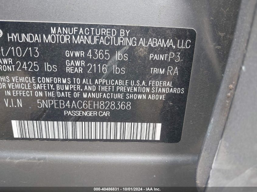 5NPEB4AC6EH828368 2014 Hyundai Sonata Gls