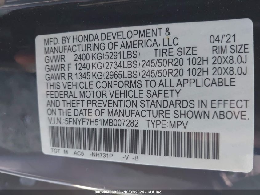 2021 Honda Passport 2Wd Ex-L VIN: 5FNYF7H51MB007282 Lot: 40486833