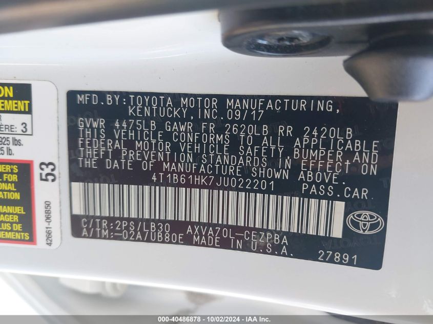 4T1B61HK7JU022201 2018 Toyota Camry Xse