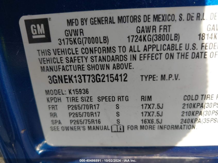 3GNEK13T73G215412 2003 Chevrolet Avalanche 1500