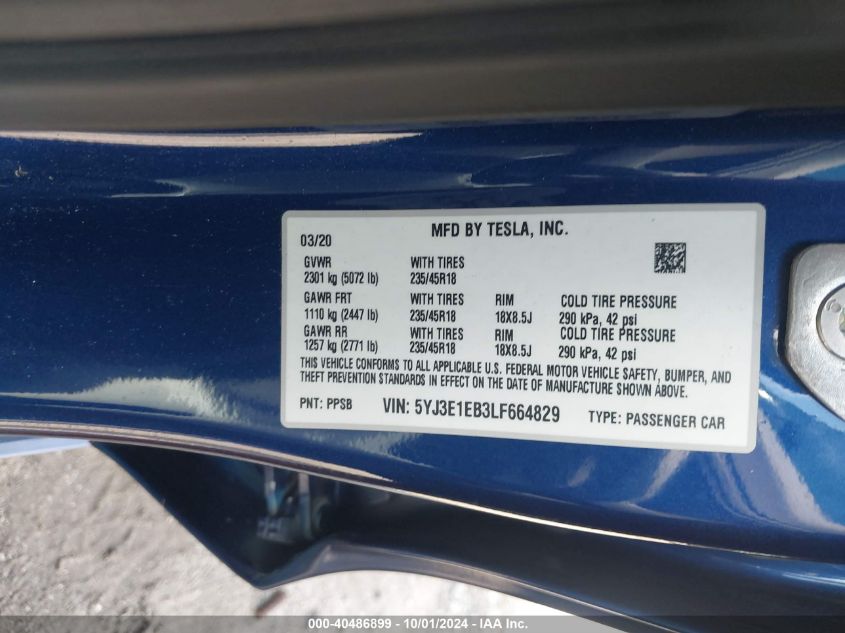 2020 Tesla Model 3 Long Range Dual Motor All-Wheel Drive VIN: 5YJ3E1EB3LF664829 Lot: 40486899