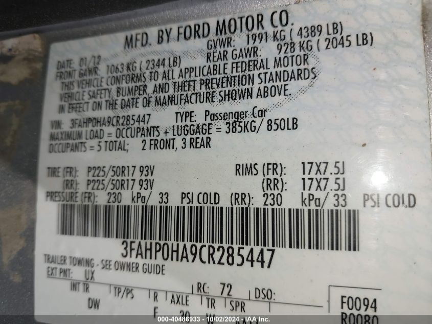 2012 Ford Fusion Se VIN: 3FAHP0HA9CR285447 Lot: 40486933