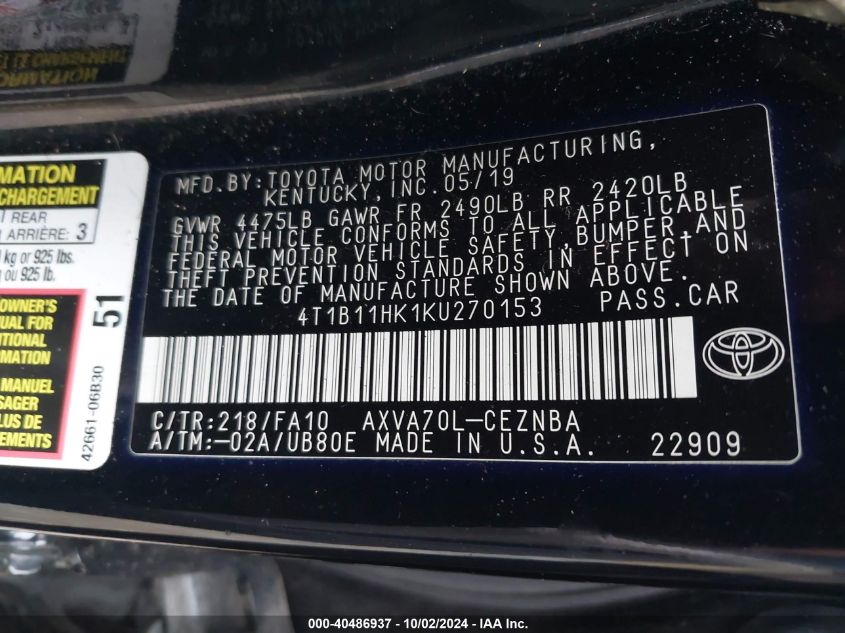 4T1B11HK1KU270153 2019 Toyota Camry Le