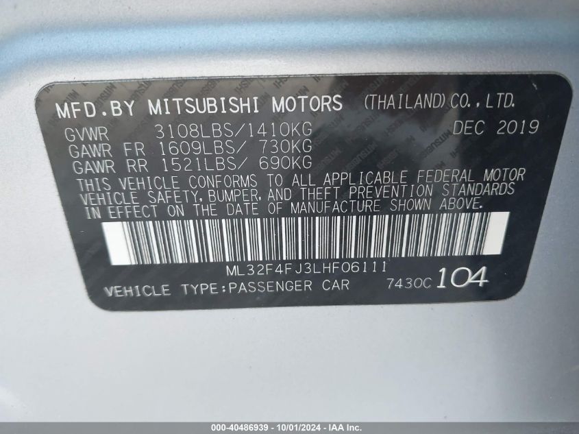 ML32F4FJ3LHF06111 2020 Mitsubishi Mirage G4 Le