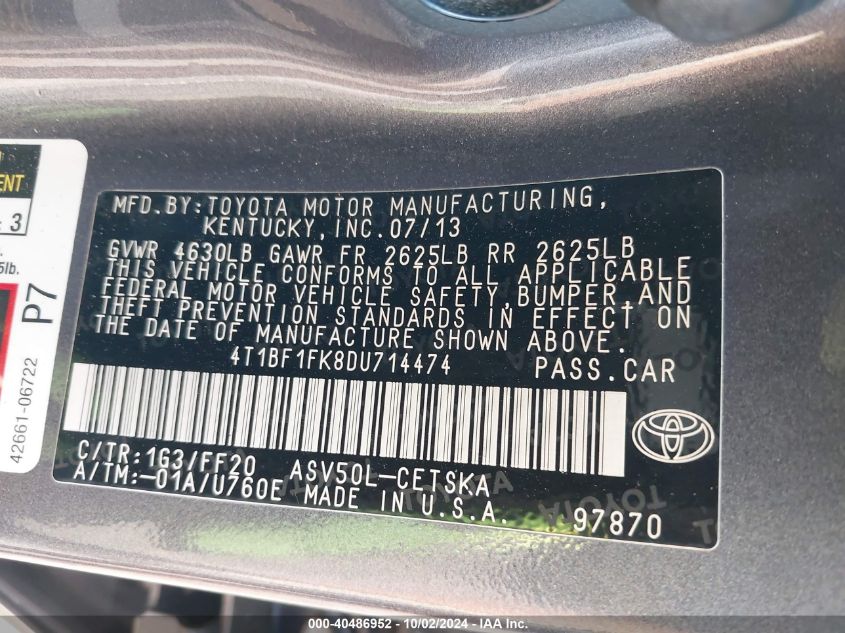 4T1BF1FK8DU714474 2013 Toyota Camry Se