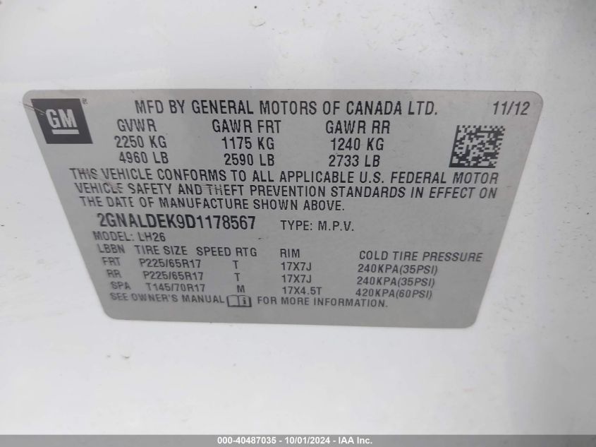 2GNALDEK9D1178567 2013 Chevrolet Equinox 1Lt