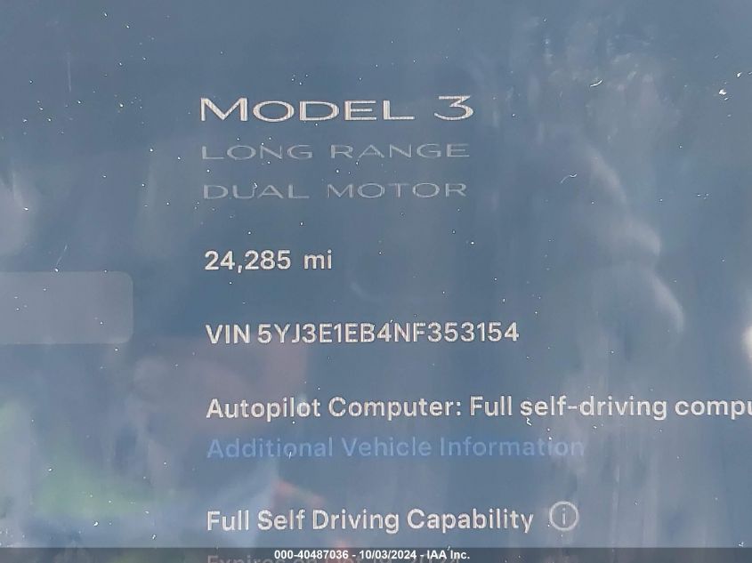 2022 Tesla Model 3 Long Range Dual Motor All-Wheel Drive VIN: 5YJ3E1EB4NF353154 Lot: 40487036