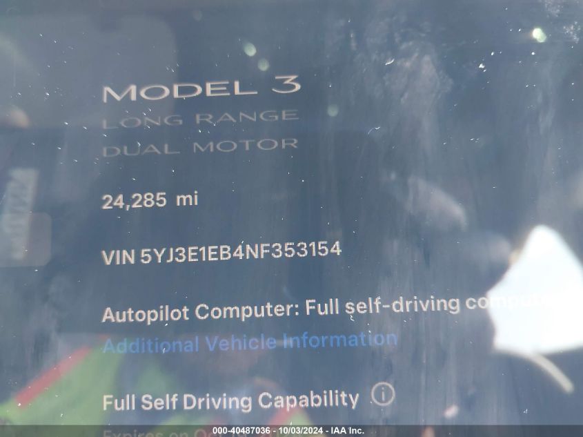 2022 Tesla Model 3 Long Range Dual Motor All-Wheel Drive VIN: 5YJ3E1EB4NF353154 Lot: 40487036