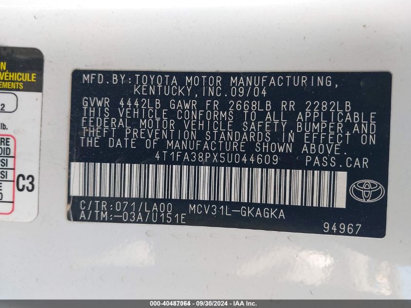 4T1FA38PX5U044609 2005 Toyota Camry Solara Sle