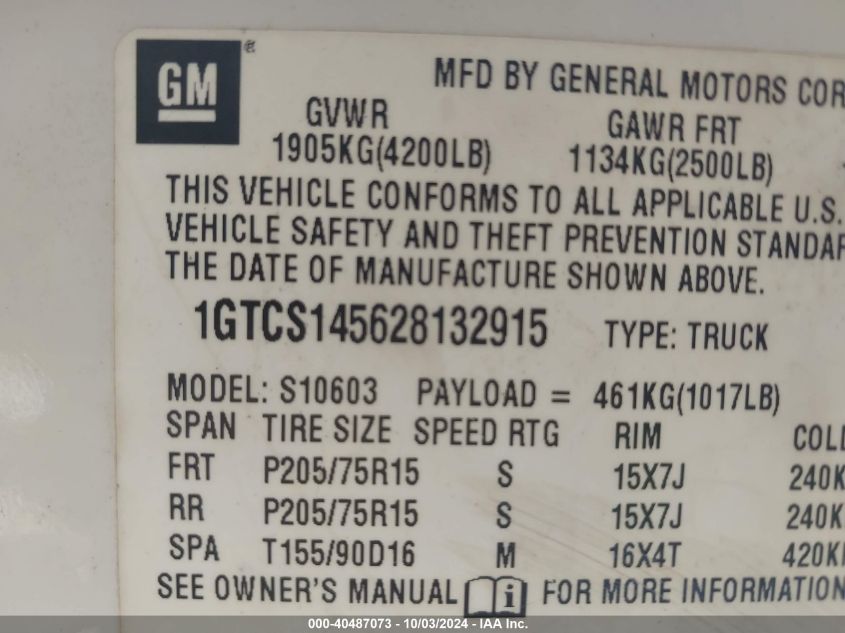 1GTCS145628132915 2002 GMC Sonoma Sl