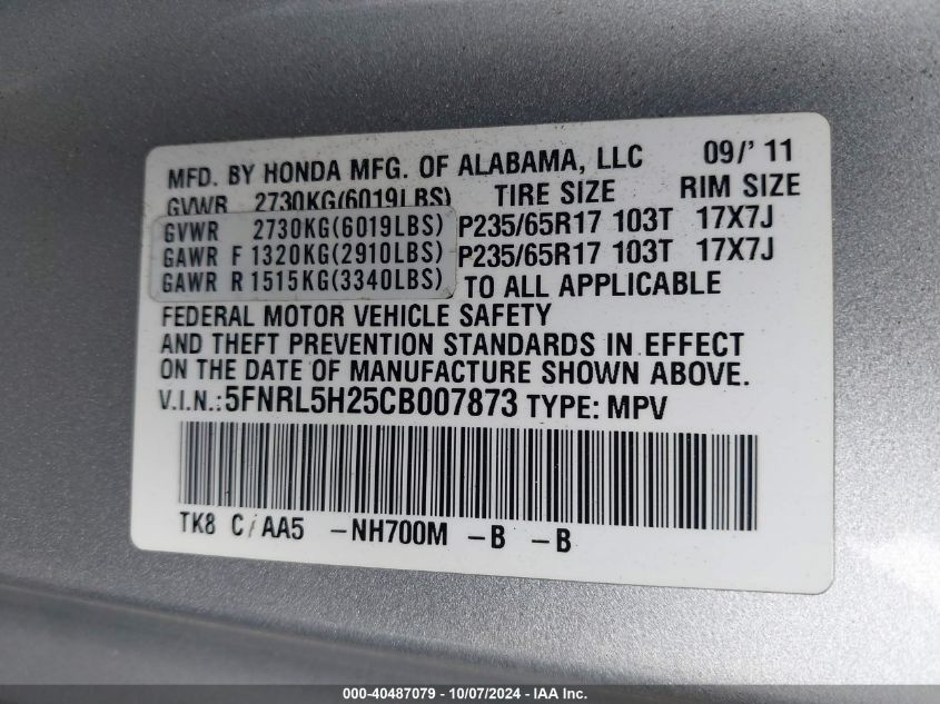 5FNRL5H25CB007873 2012 Honda Odyssey Lx