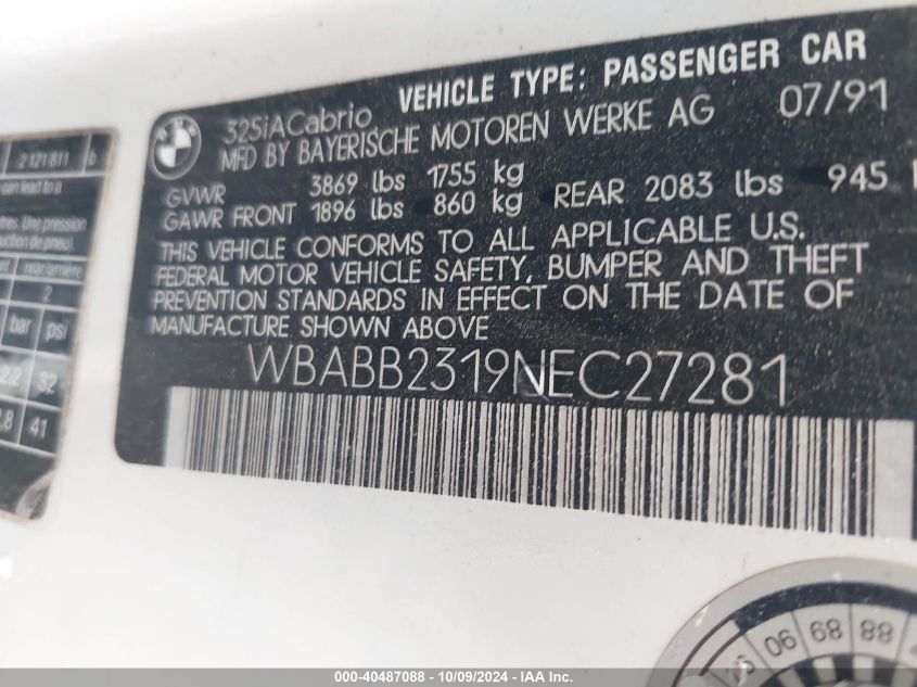 WBABB2319NEC27281 1992 BMW 325 Ic Automatic