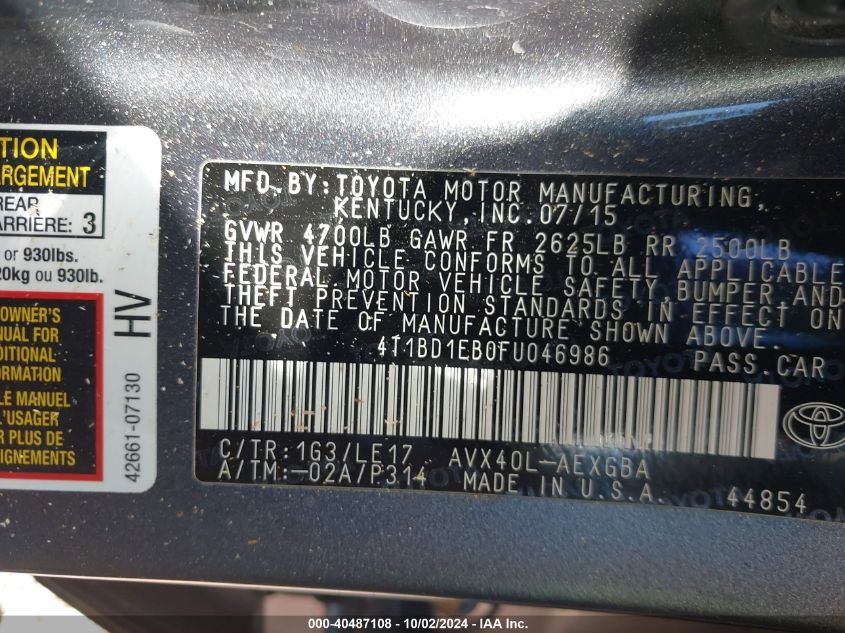 4T1BD1EB0FU046986 2015 Toyota Avalon Hybrid Xle Touring