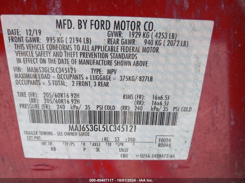 2020 Ford Ecosport Se VIN: MAJ6S3GL5LC345121 Lot: 40487117