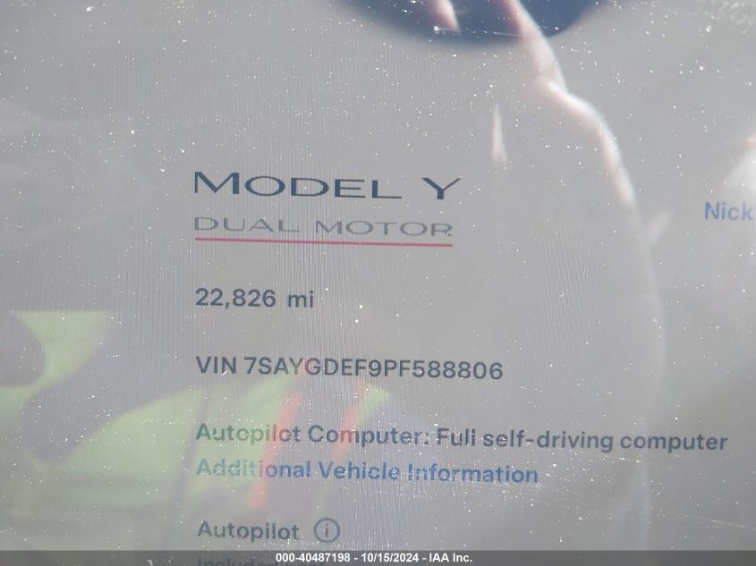 2023 Tesla Model Y Performance Dual Motor All-Wheel Drive VIN: 7SAYGDEF9PF588806 Lot: 40487198