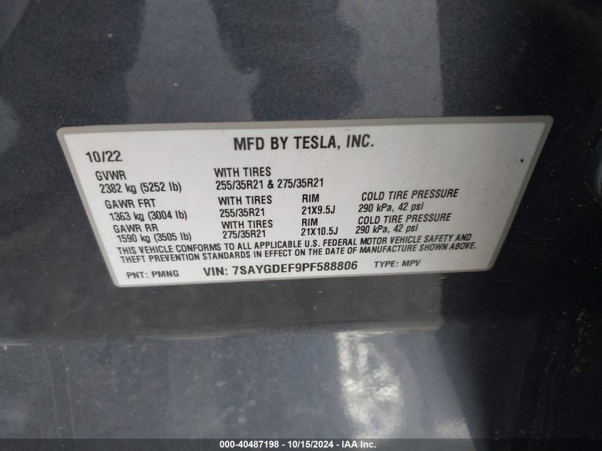 2023 Tesla Model Y Performance Dual Motor All-Wheel Drive VIN: 7SAYGDEF9PF588806 Lot: 40487198