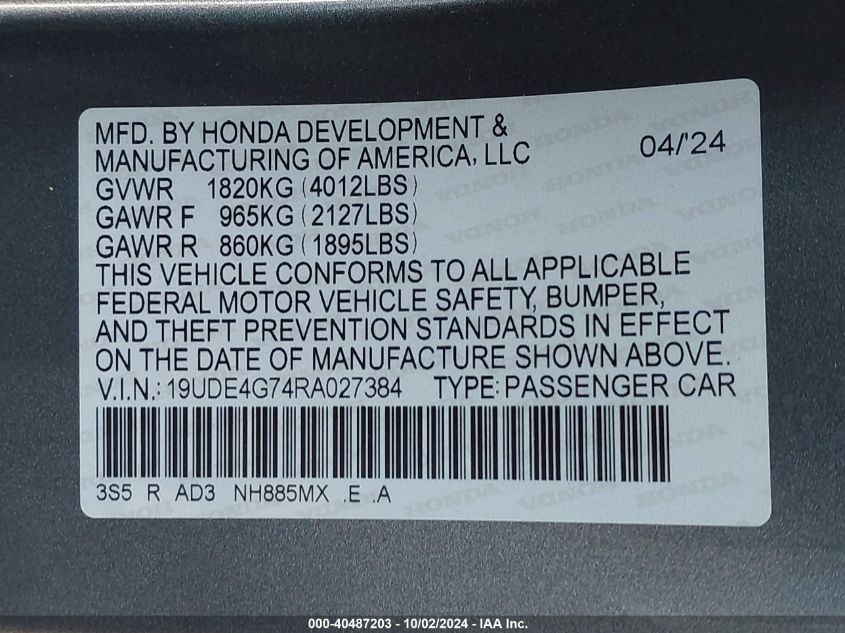 2024 Acura Integra A-Spec W/ Technology VIN: 19UDE4G74RA027384 Lot: 40487203