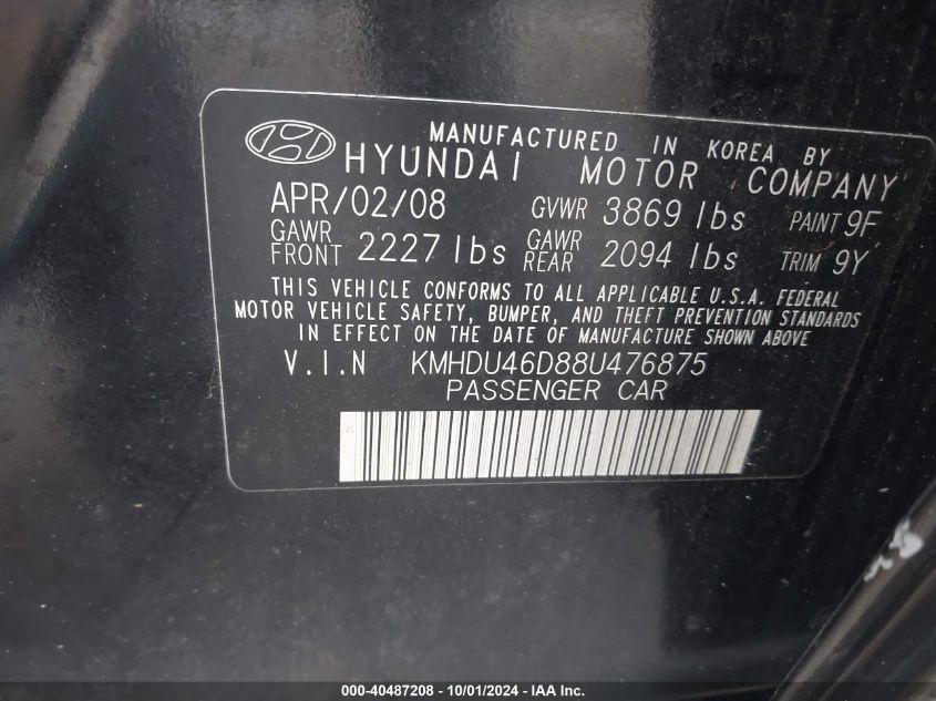 2008 Hyundai Elantra Gls/Se VIN: KMHDU46D88U476875 Lot: 40487208