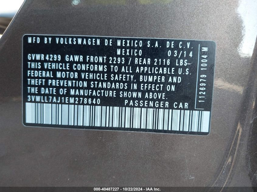 2014 Volkswagen Jetta 2.0L Tdi Value Edition VIN: 3VWLL7AJ1EM278640 Lot: 40487227