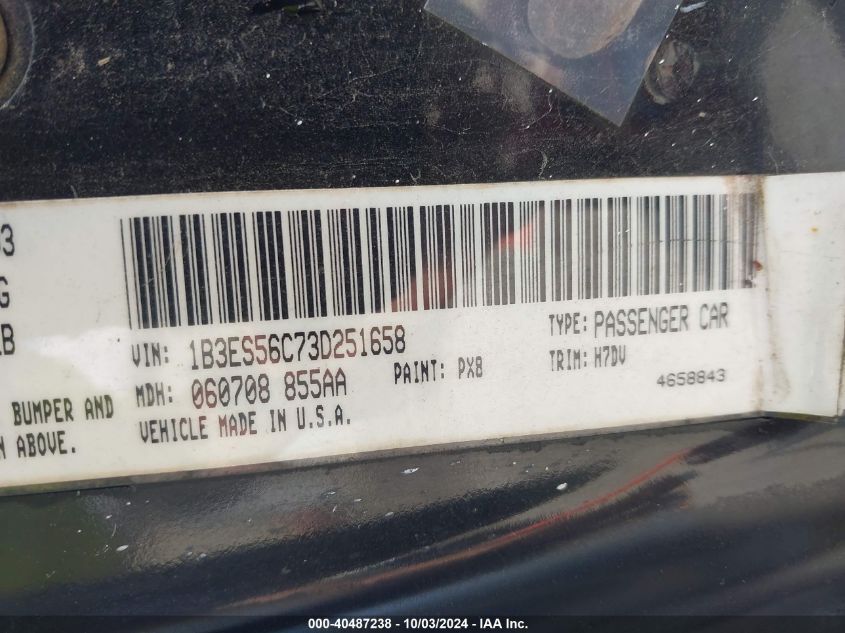 2003 Dodge Neon Sxt VIN: 1B3ES56C73D251658 Lot: 40487238