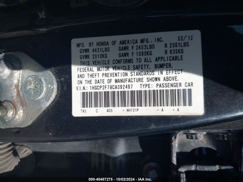 1HGCP2F78CA092497 2012 Honda Accord 2.4 Ex