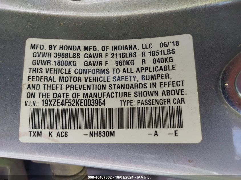 2019 Honda Insight Ex VIN: 19XZE4F52KE003964 Lot: 40487302