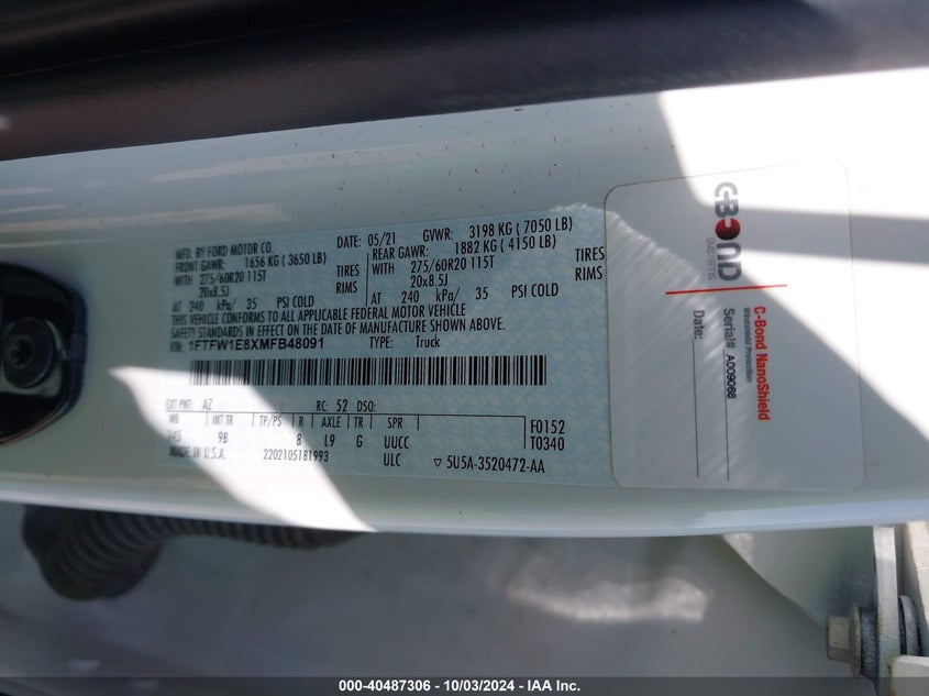 VIN 1FTFW1E8XMFB48091 2021 FORD F-150 PLATINUM