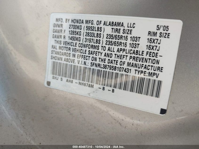 5FNRL38795B107431 2005 Honda Odyssey Ex-L