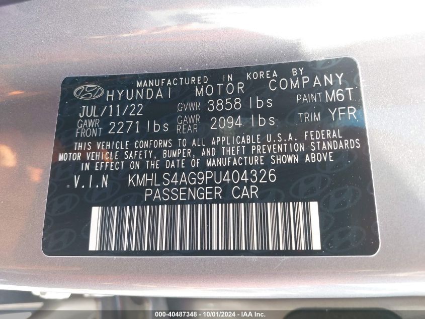 2023 Hyundai Elantra Sel VIN: KMHLS4AG9PU404326 Lot: 40487348