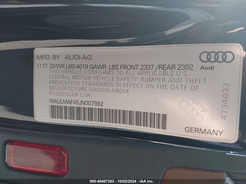 2018 Audi A4 Premium Plus VIN: WAULMAF45JN007982 Lot: 40487383