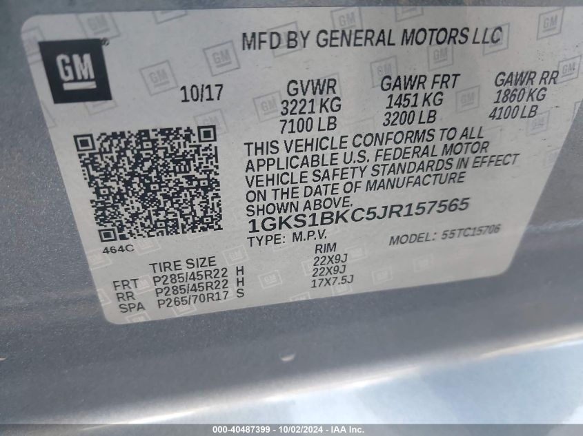 1GKS1BKC5JR157565 2018 GMC Yukon Slt