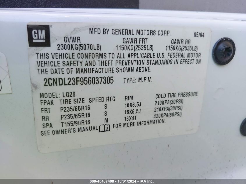 2CNDL23F956037305 2005 Chevrolet Equinox Ls