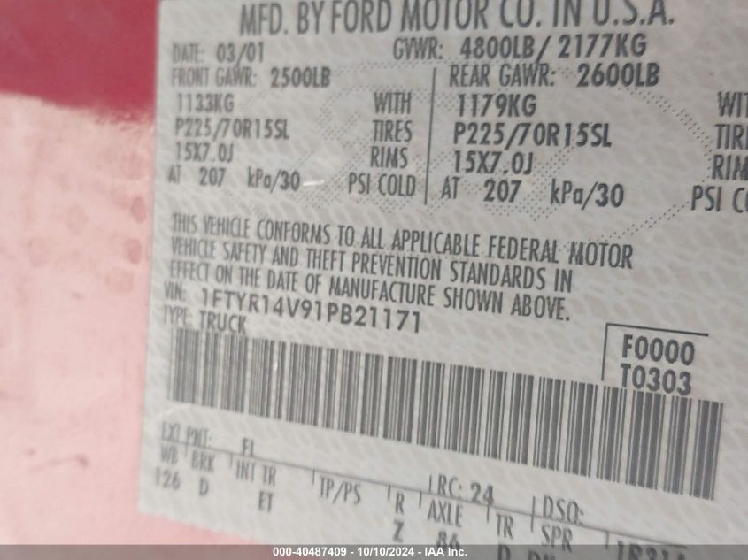 1FTYR14V91PB21171 2001 Ford Ranger Edge/Xl/Xlt