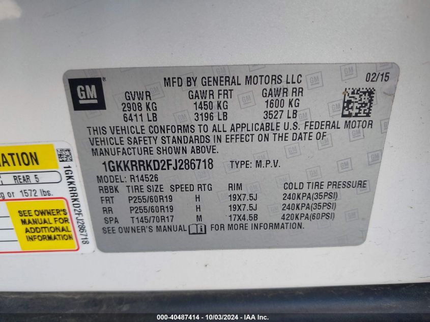 1GKKRRKD2FJ286718 2015 GMC Acadia Slt-1