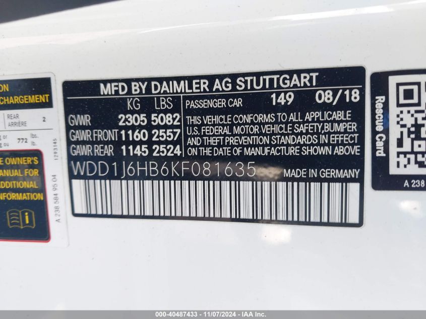 2019 Mercedes-Benz E 450 VIN: WDD1J6HB6KF081635 Lot: 40487433