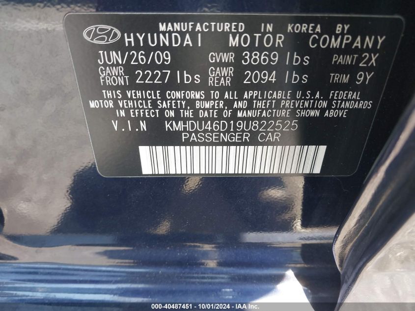 2009 Hyundai Elantra Gls VIN: KMHDU46D19U822525 Lot: 40487451