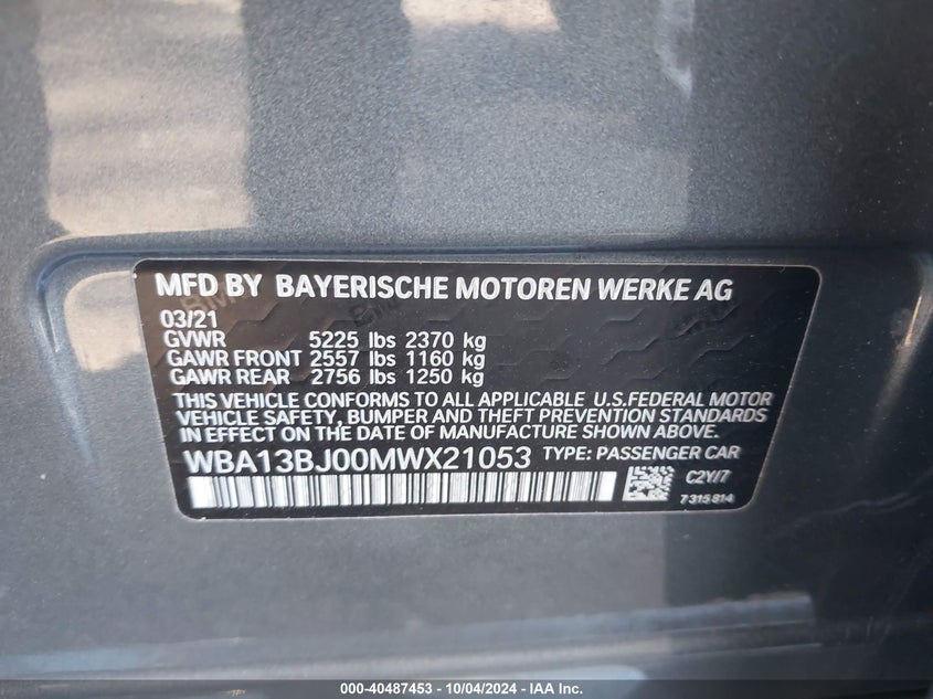 2021 BMW 530I XDRIVE VIN: WBA13BJ00MWX21053
