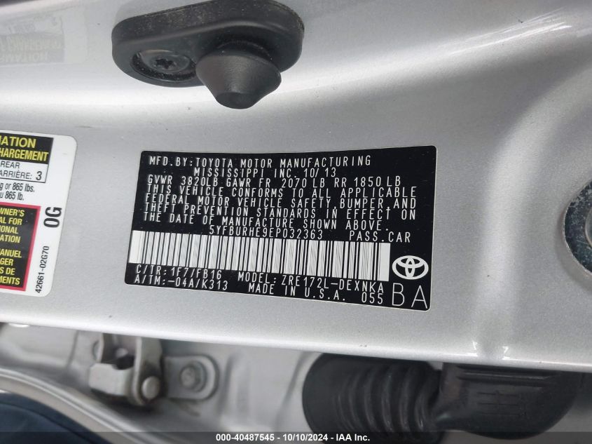 5YFBURHE9EP032363 2014 Toyota Corolla Le/Le Plus/Le Premium